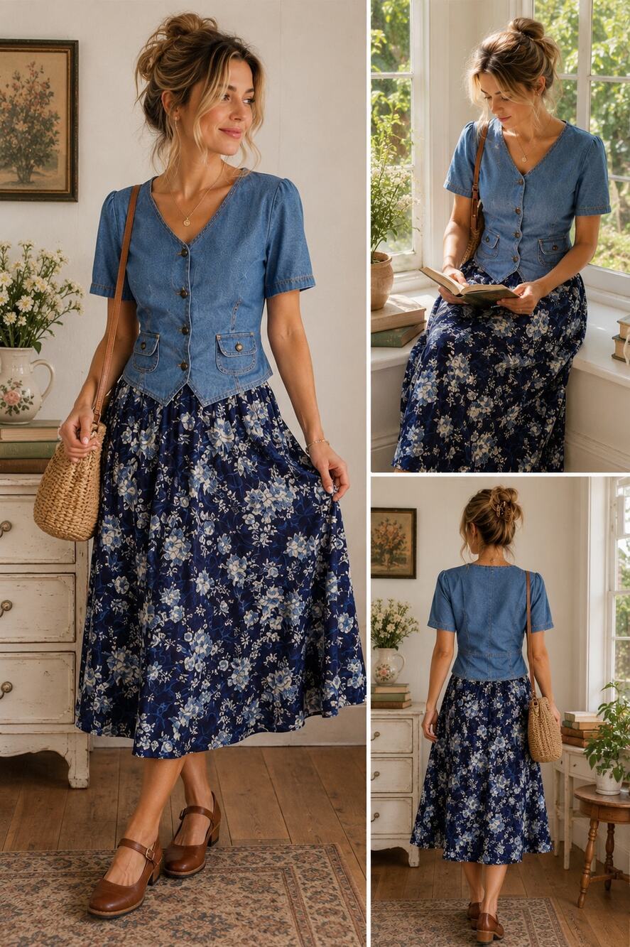 Vintage Betsy's Things Denim Floral Midi Dress Cottagecore Prairie Size 8P